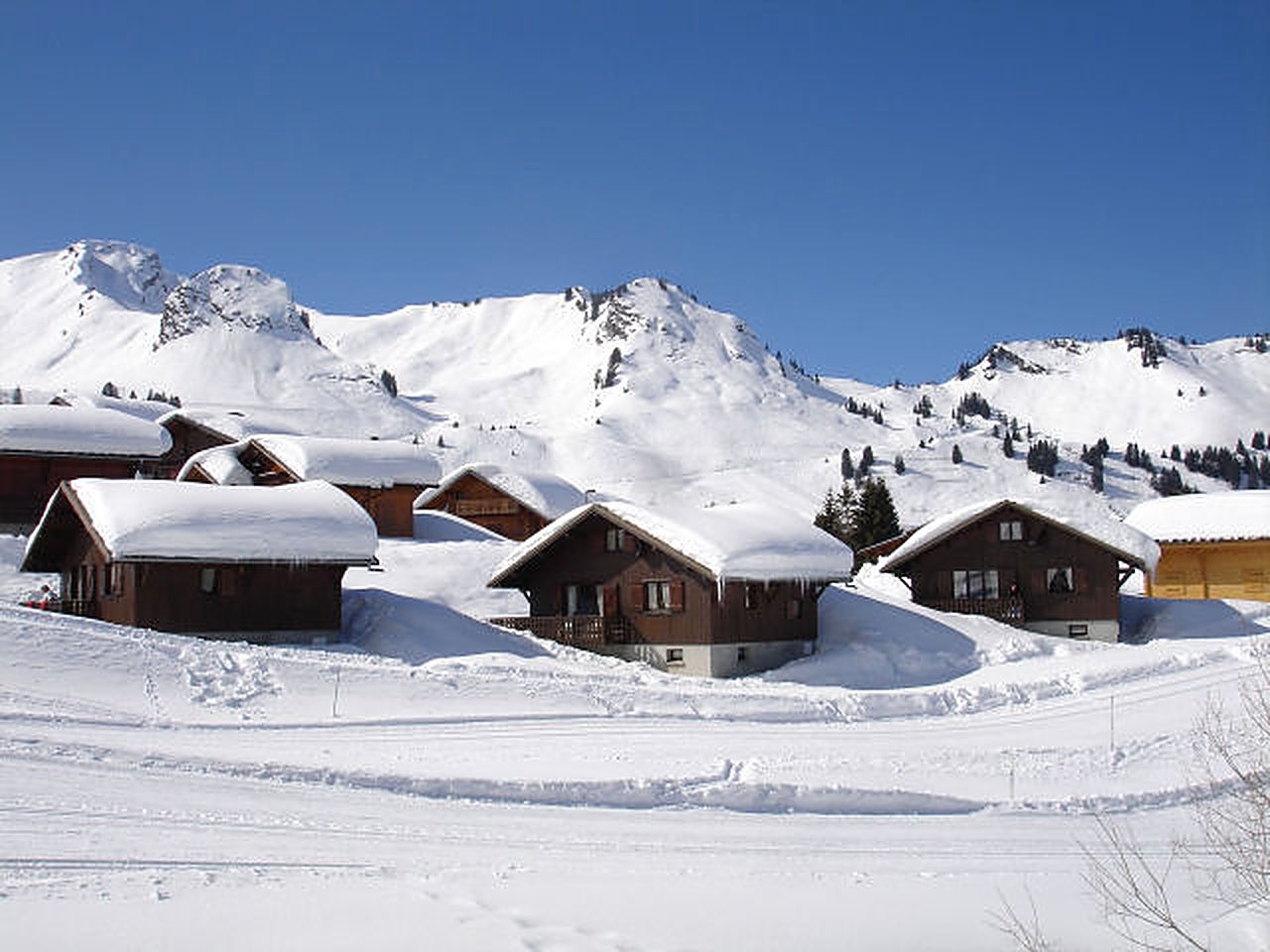 Les trois chalets Panda sous la neige, face aux sommets du Praz de Lys